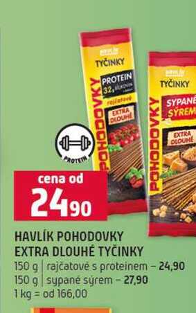 HAVLÍK POHODOVKY EXTRA DLOUHÉ TYČINKY 150 g rajčatové s proteinem 150 g sypané sýrem