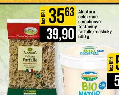 Alnatura celozrnné semolinové těstoviny farfalle mašličky 500 g 