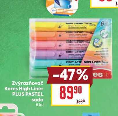 Zvýrazňovač Kores High Liner PLUS PASTEL sada 6 ks