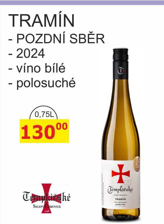 TEMPLÁŘSKÉ SKLEPY TRAMÍN POZDNÍ SBĚR - 2024 víno bílé, polosuché 0,75L 