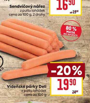 Vídeňské párky Deli z pultu lahůdek cena za 100 g 