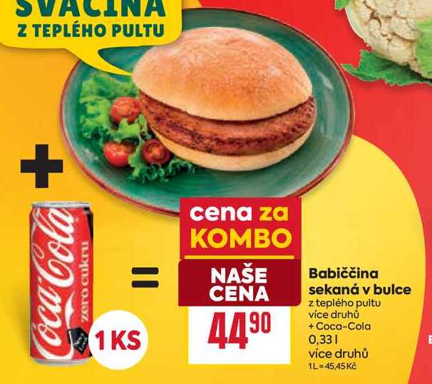 Babiččina sekaná v bulce z teplého pultu více druhů + Coca-Cola 0,33l