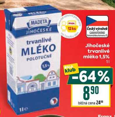 Jihočeské trvanlivé mléko 1,5% 1l