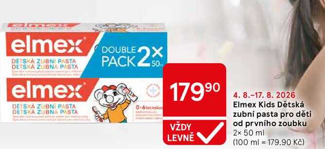 Elmex Kids Dětská zubní pasta pro děti od prvního zoubku, 2x 50 ml