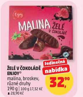 ŽELÉ V ČOKOLÁDĚ ENJOY malina, broskev, různé druhy, 190 g