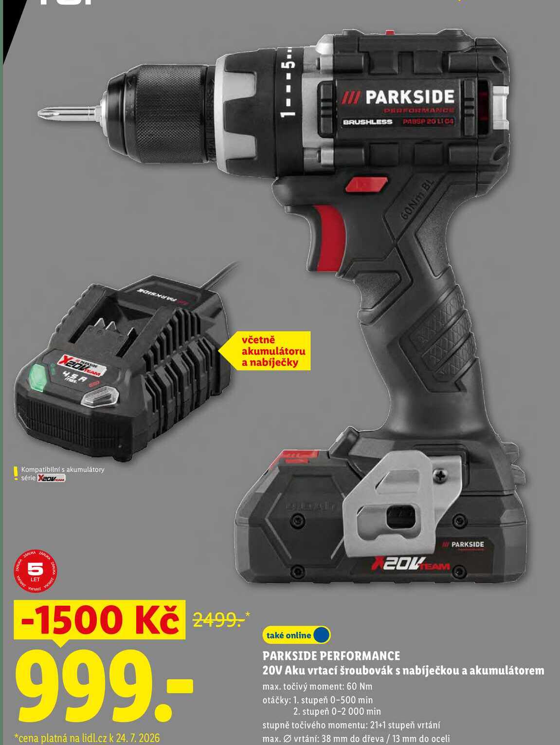 PARKSIDE PERFORMANCE 20V Aku vrtací šroubovák s nabíječkou a akumulátorem