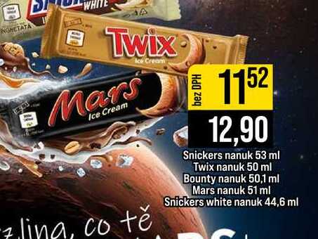 Snickers nanuk 53 ml Twix nanuk 50 ml Bounty nanuk 50,1 ml Mars nanuk 51 ml Snickers white nanuk 44,6 ml