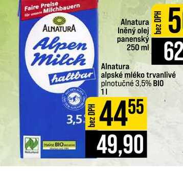 Alnatura alpské mléko trvanlivé plnotučné 3,5% BIO 1l