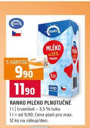 RANKO MLÉKO PLNOTUČNÉ 1l trvanlivé 3,5% tuku