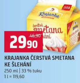 KRAJANKA ČERSTVÁ SMETANA KE ŠLEHÁNÍ 250 ml 33% tuku