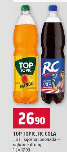 TOP TOPIC, RC COLA 1,5l sycená limonáda vybrané druhy 