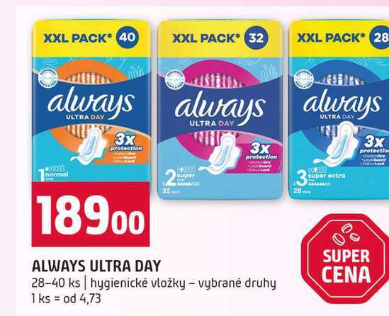 ALWAYS ULTRA DAY 28-40 ks hygienické vložky vybrané druhy
