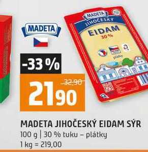 MADETA JIHOČESKÝ EIDAM SÝR 100 g 30 % tuku - plátky