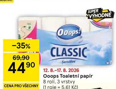 Ooops Toaletní papír, 8 rolí. 3 vrstvy 