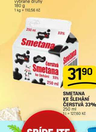 SMETANA KE ŠLEHÁNÍ ČERSTVÁ 33% 250 ml