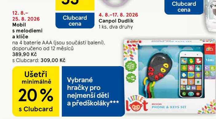 Mobil s melodiemi a klíče, na 4 baterie AAA (jsou součástí balení), doporučeno od 12 měsíců 