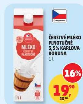 ČERSTVÉ MLÉKO PLNOTUČNÉ 3,5% KARLOVA KORUNA, 1 l
