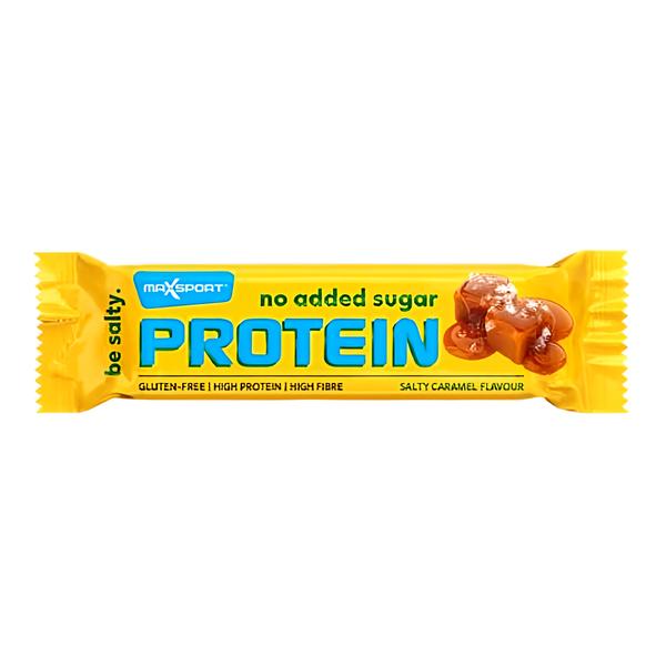 Max Sport Proteinová tyčinka s příchutí slaného karamelu v mléčné čokoládě se sladidlem.