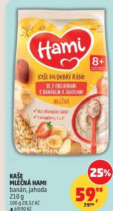 KAŠE MLÉČNÁ HAMI 25% banán, jahoda, 210 g