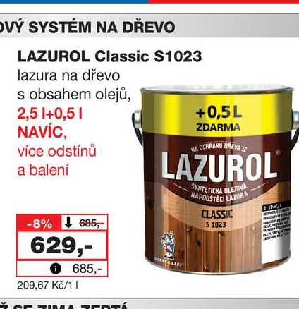 LAZUROL Classic S1023 lazura na dřevo s obsahem olejů, 2,5l