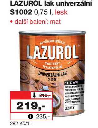 LAZUROL lak univerzální S1002 0,75 I, lesk