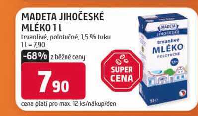 MADETA JIHOČESKÉ MLÉKO 1l trvanlivé, polotučné, 1,5% tuku