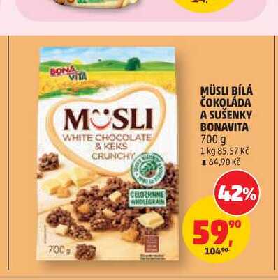 MÜSLI BÍLÁ ČOKOLÁDA A SUŠENKY BONAVITA 700 g