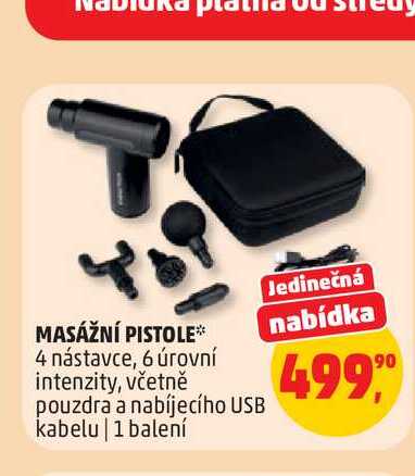MASÁŽNÍ PISTOLE* 4 nástavce, 6 úrovní intenzity, včetně pouzdra a nabíjecího USB kabelu | 1 balení 