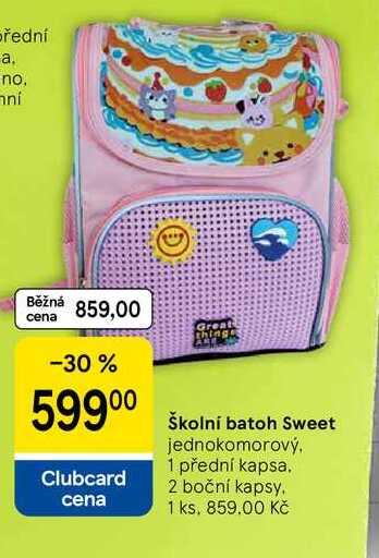 Školní batoh Sweet, jednokomorový, 1 přední kapsa. 2 boční kapsy, 1 ks