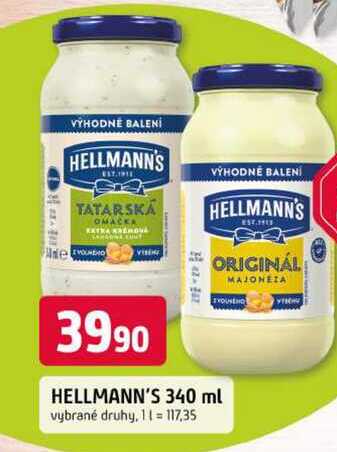 Hellmann's tatarská omáčka, majonéza 340ml, vybrané druhy