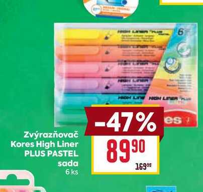 Zvýrazňovač Kores High Liner PLUS PASTEL sada 6 ks