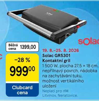 Solac GR5301 Kontaktní gril, 1500 W. plocha 27,5 x 18 cm, nepřilnavý povrch, nádobka na zachytávání tuku, možnost vertikálního uložení 