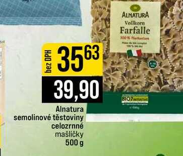 Alnatura semolinové těstoviny celozrnné mašličky 500 g 