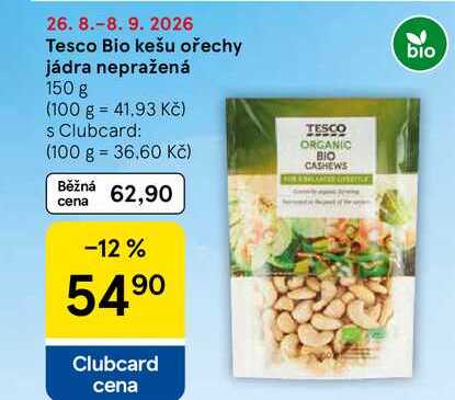 Tesco Bio kešu ořechy jádra nepražená, 150 g