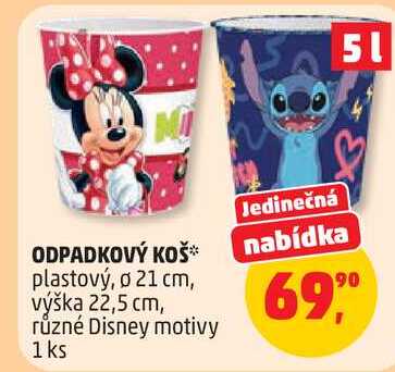 ODPADKOVÝ KOŠ plastový, o 21 cm, výška 22,5 cm, různé Disney motivy, 1 ks