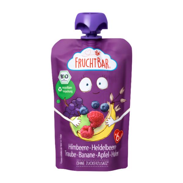 Fruchtbar BIO Ovocná kapsička s jablkem, banánem, malinami, borůvkami, hroznovou šťávou a ovsem