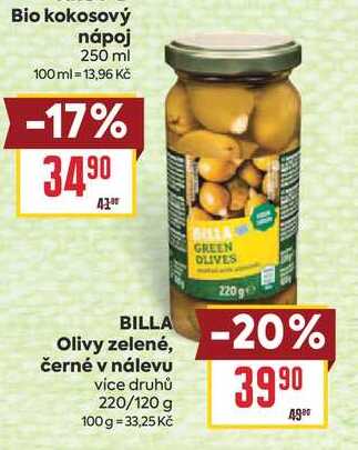 BILLA Olivy zelené, černé v nálevu vice druhů 220/120 g