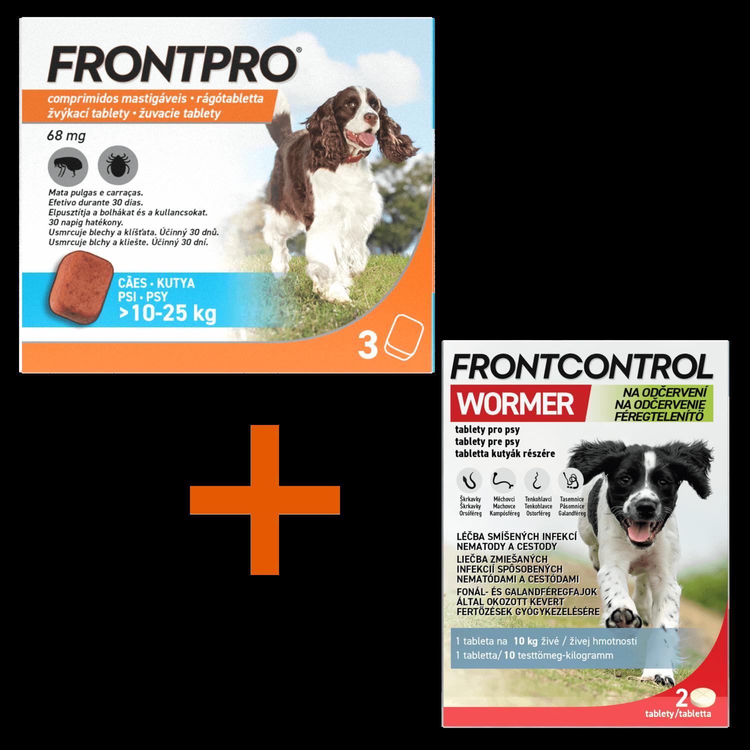 Frontpro 68mg 10-25kg 3 žvýkací tablety + Frontcontrol Wormer pro psy 2 tablety