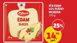 SÝR EDAM 45% PLÁTKY MILKERIA, 100 g