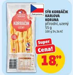 SÝR KORBÁČIK KARLOVA KORUNA přírodní, uzený, 55 g