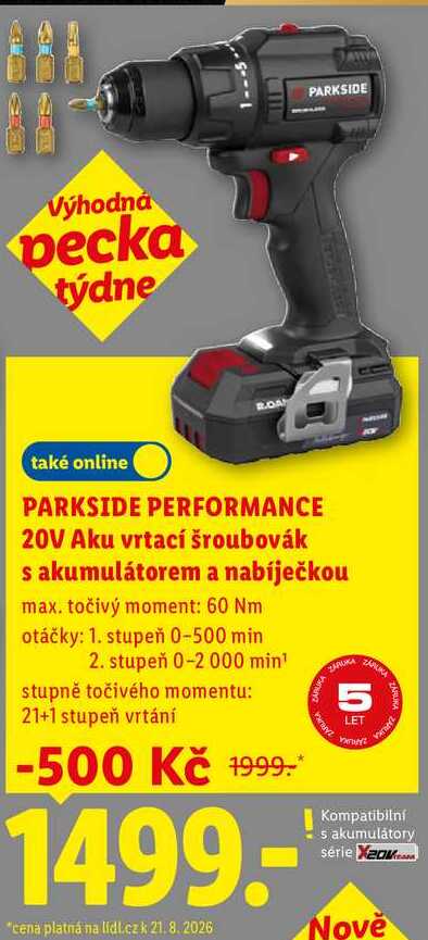PARKSIDE PERFORMANCE 20V Aku vrtací šroubovák s akumulátorem a nabíječkou