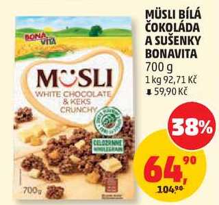 MÜSLI BÍLÁ ČOKOLÁDA A SUŠENKY BONAVITA, 700 g