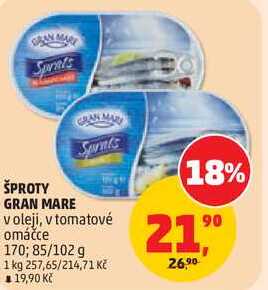ŠPROTY GRAN MARE v oleji, v tomatové omáčce, 170; 85/102 g