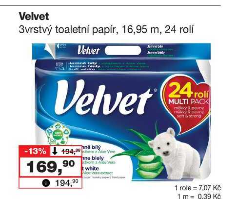 Velvet 3vrstvý toaletní papír, 16,95 m, 24 rolí