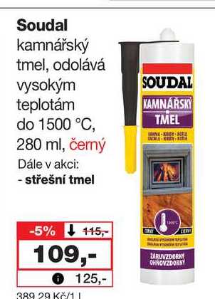 Soudal kamnářský tmel, odolává vysokým teplotám do 1500 °C, 280 ml, černý