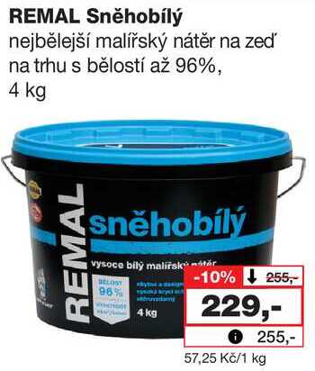 REMAL Sněhobílý nejbělejší malířský nátěr na zeď na trhu s bělostí až 96%, 4 kg