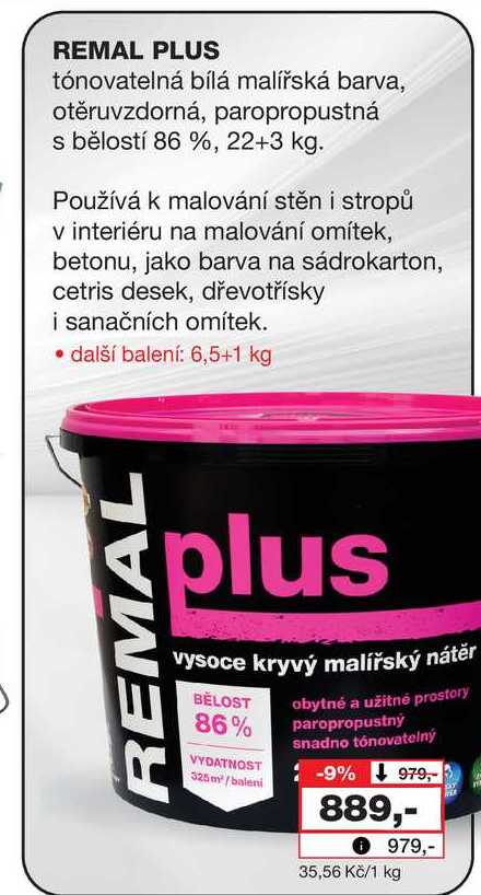 REMAL PLUS tónovatelná bílá malířská barva, otěruvzdorná, paropropustná s bělostí 86 %, 22+3 kg