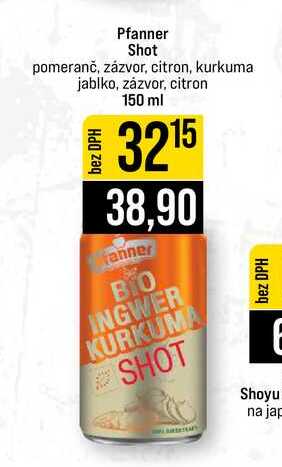 Pfanner Shot pomeranč, zázvor, citron, kurkuma jablko, zázvor, citron 150 ml