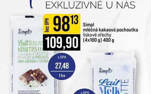 Simpl mléčná kakaová pochoutka lískové ořechy (4x100 g) 400 g