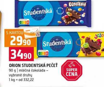 ORION STUDENTSKÁ PEČEŤ 90 g mléčná čokoláda vybrané druhy